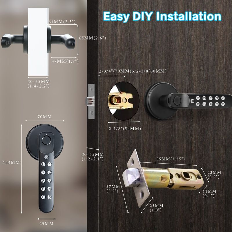 Chave de backup, T02 Smart Fingerprint Door Knob, fechaduras de porta de entrada sem chave com teclados, fechadura de porta inteligente no aplicativo Tuya